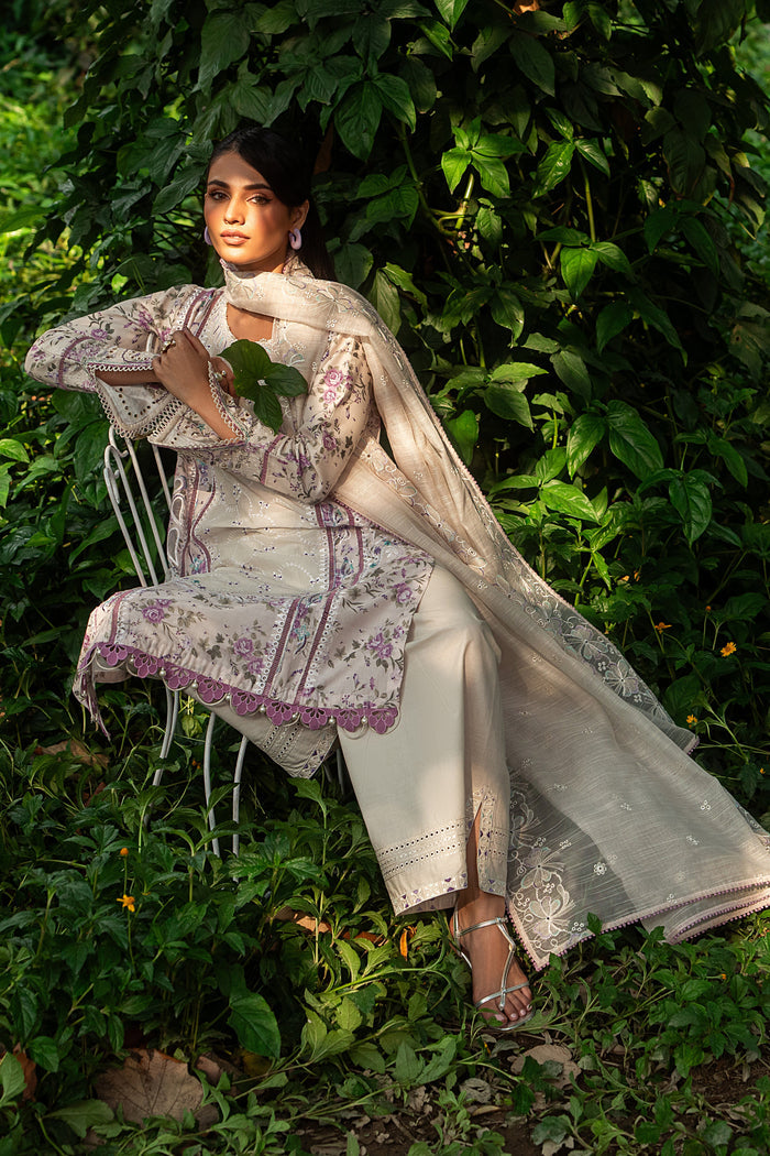 Flowing dupatta view of Baseera ivory outfit showing lightweight cotton organza with soft embroidery and elegant fall