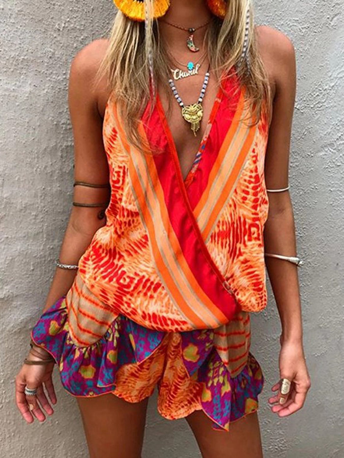 Beach Casual V-neck Sleeveless Printed Color Dress