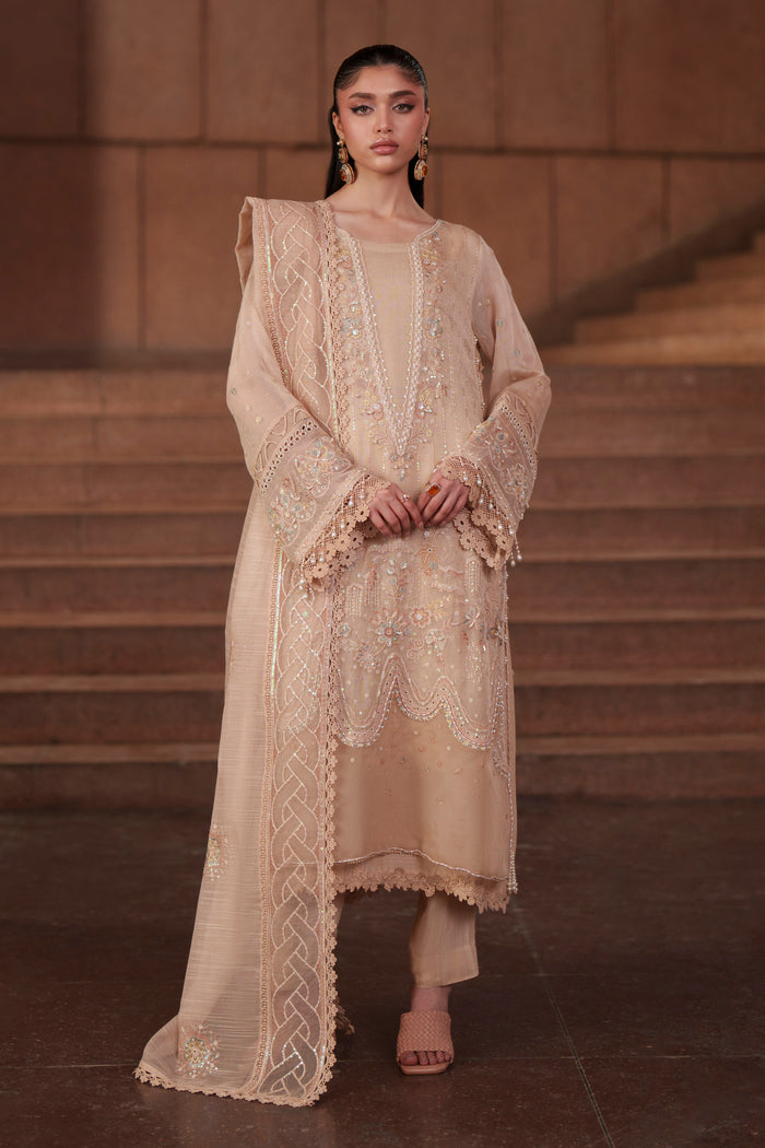 NAQSHI Beatriz peach embroidered khadi net 3-piece luxury pret outfit with PK raw silk trousers, inner layer and cotton organza dupatta from Aura collection