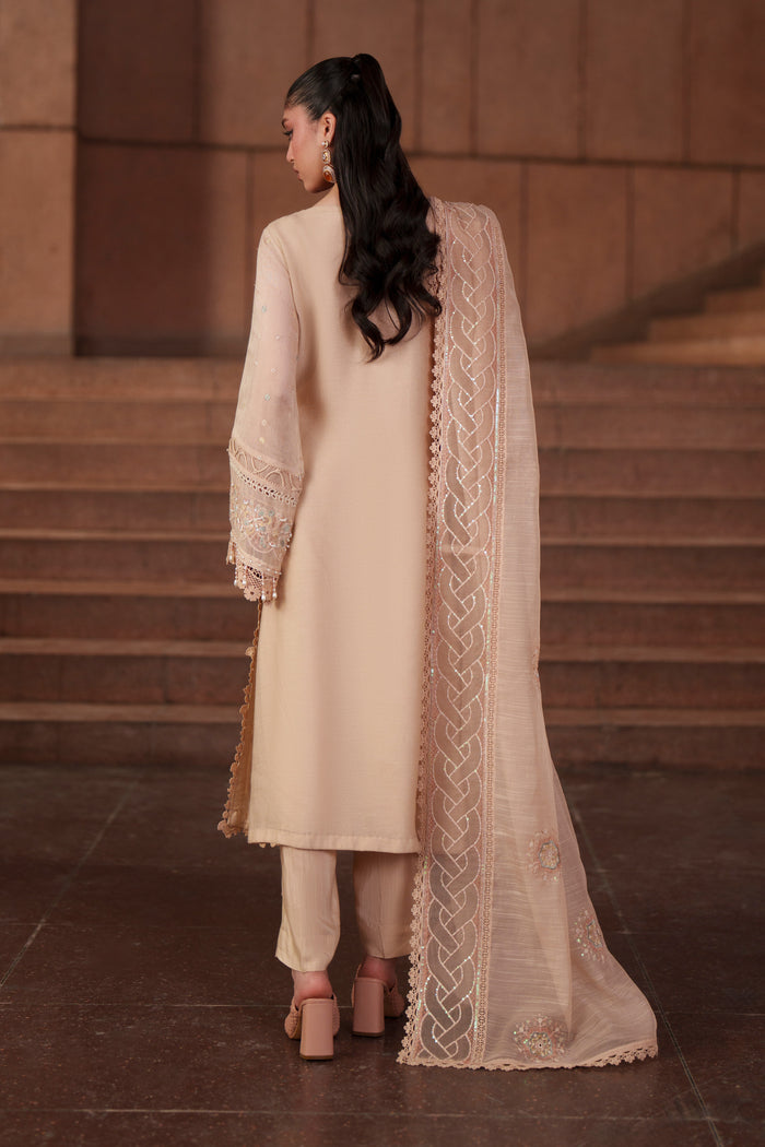 Back view of NAQSHI Beatriz peach luxury pret outfit showcasing long khadi net shirt, elegant drape and embroidered organza dupatta styling