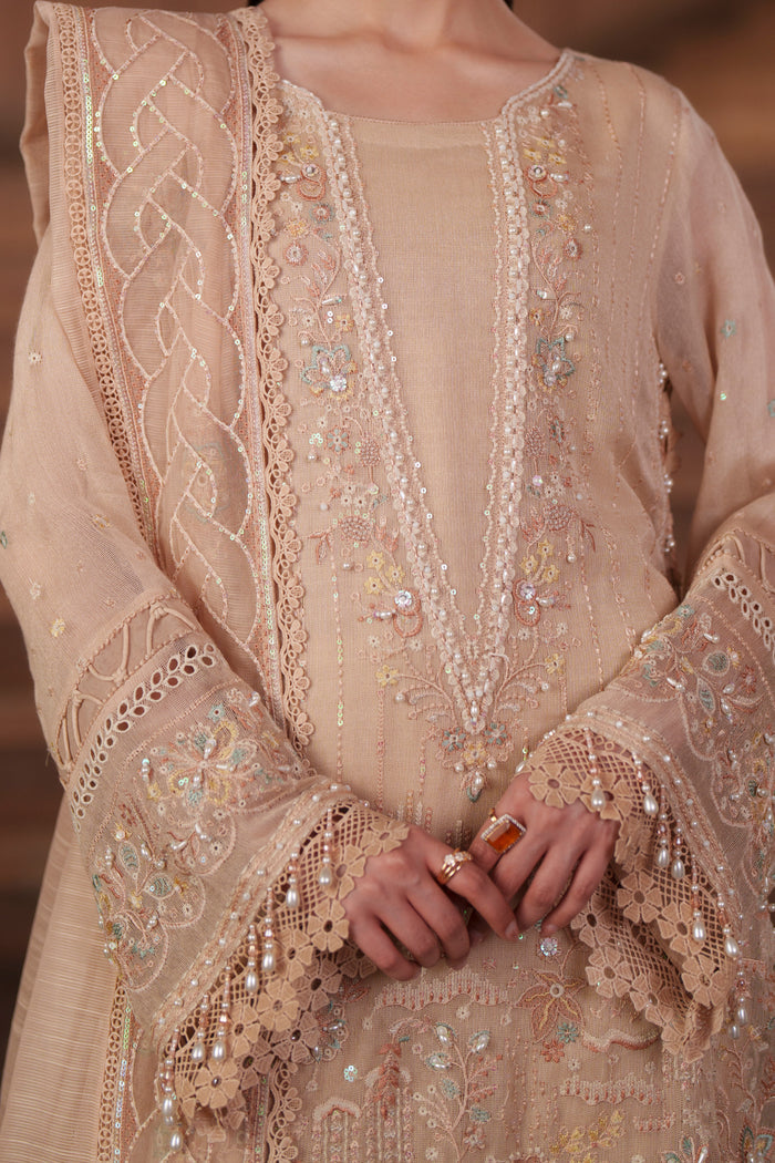 Close-up of Beatriz peach embroidered khadi net shirt highlighting intricate embroidery, delicate embellishments and refined handcrafted detailing