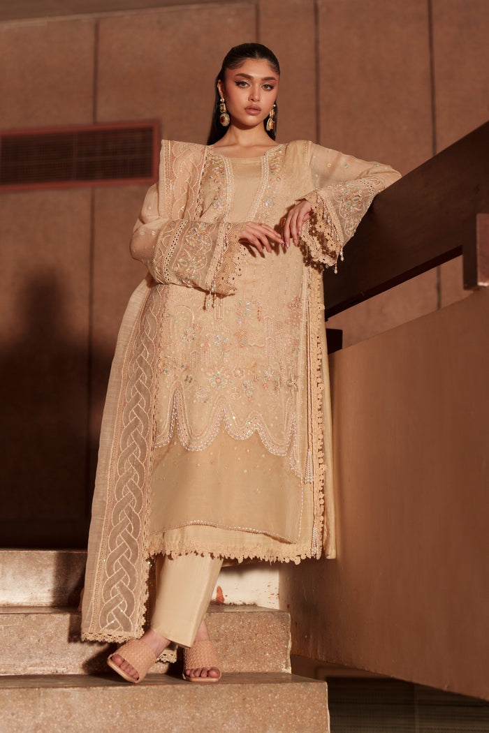 Full-length view of Beatriz peach embroidered formal outfit with straight PK raw silk trousers, cotton organza dupatta and graceful evening wear styling