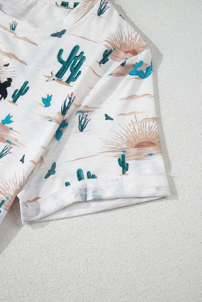Beige Western Cactus Print Crew Neck Short Sleeve Top