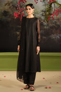 NAQSHI Bindiya black three piece ready to wear outfit front view with embroidered Pima lawn shirt, cambric culotte trousers, and crinkle dupatta with sequin spread