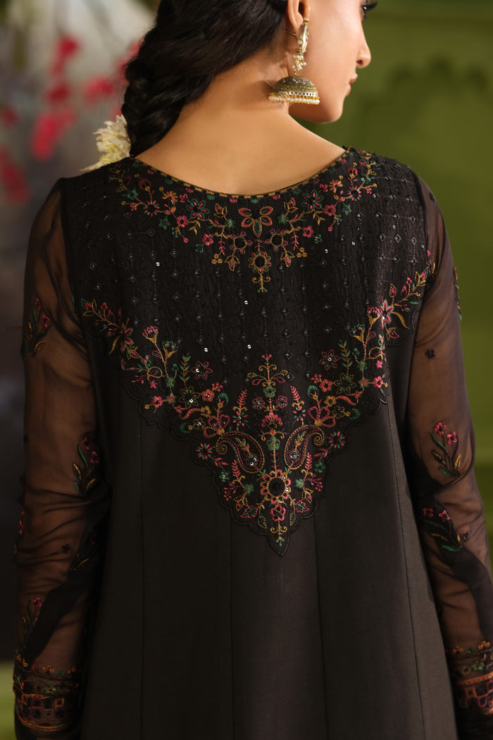Back detail of NAQSHI Bindiya black embroidered Pima lawn shirt showing colorful phool kari style embroidery on the upper back
