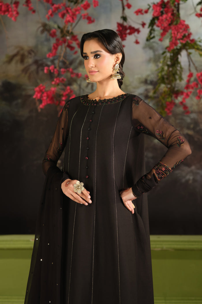 NAQSHI Bindiya black ready to wear summer outfit with boat neckline embroidered shirt, culotte trousers, and crinkle dupatta