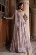 Blaithin tea pink Net evening maxi front view with boat neckline, fitted sleeves and wide flare.