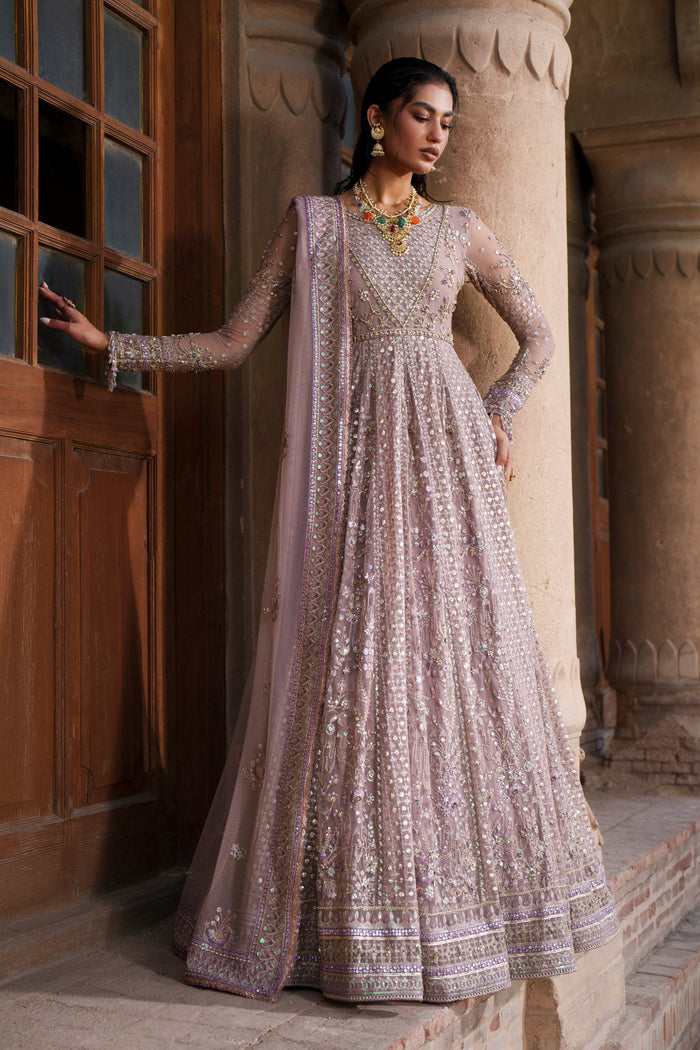 Blaithin tea pink Net evening maxi front view with boat neckline, fitted sleeves and wide flare.