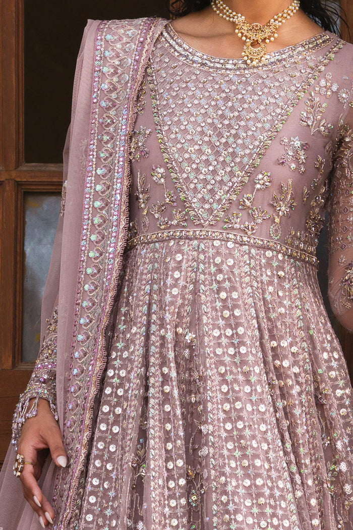 Blaithin tea pink Net maxi close-up showing embroidered bodice, neckline and sequin detailing.