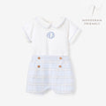 Blue Gray Plaid Trimmed Collar Bodysuit & Short Set