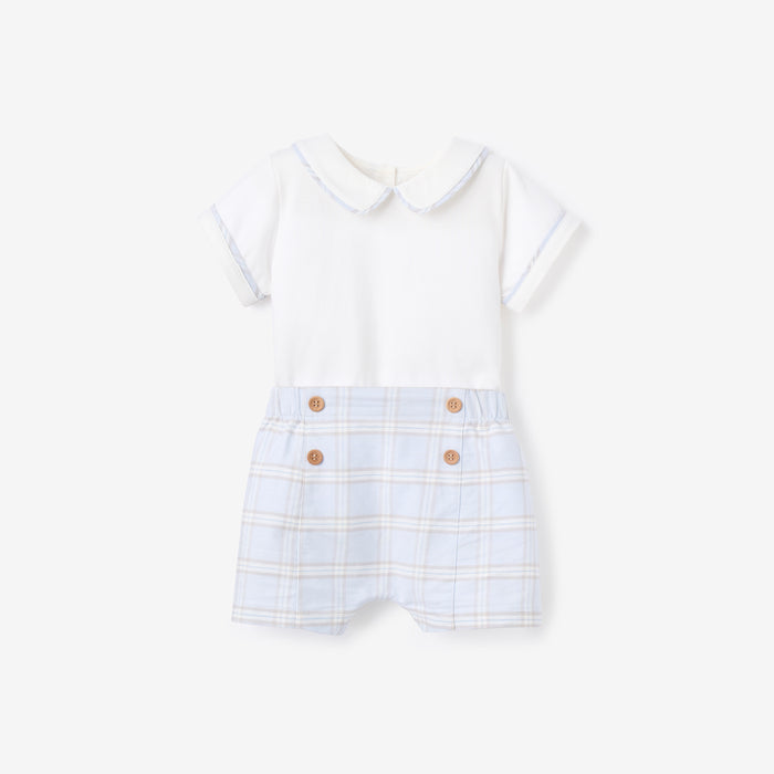 Blue Gray Plaid Trimmed Collar Bodysuit & Short Set
