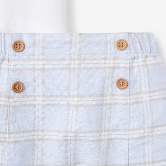 Blue Gray Plaid Trimmed Collar Bodysuit & Short Set