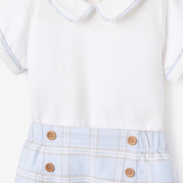 Blue Gray Plaid Trimmed Collar Bodysuit & Short Set