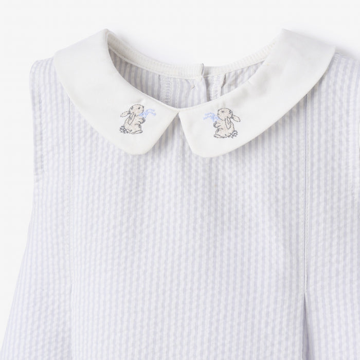 Blue Seersucker Embroidered Bunny Dress