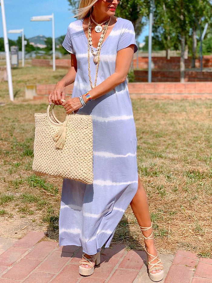 Bohemian Casual Loose V Neck Tie-Dye Dress