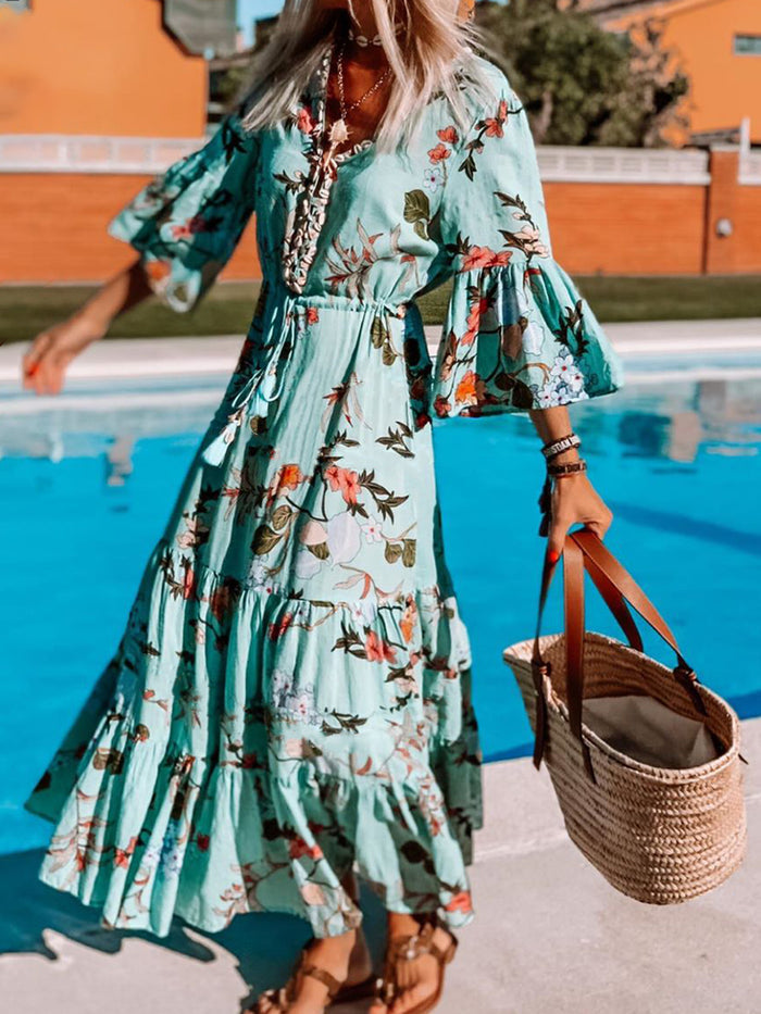 Bohemian Fashion Print Flared Sleeve Dress