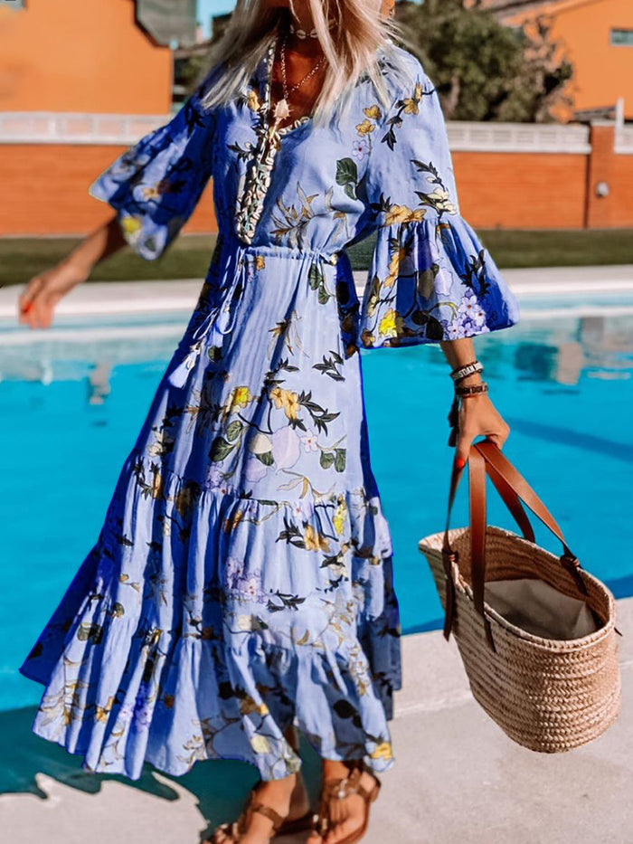 Bohemian Fashion Print Flared Sleeve Dress