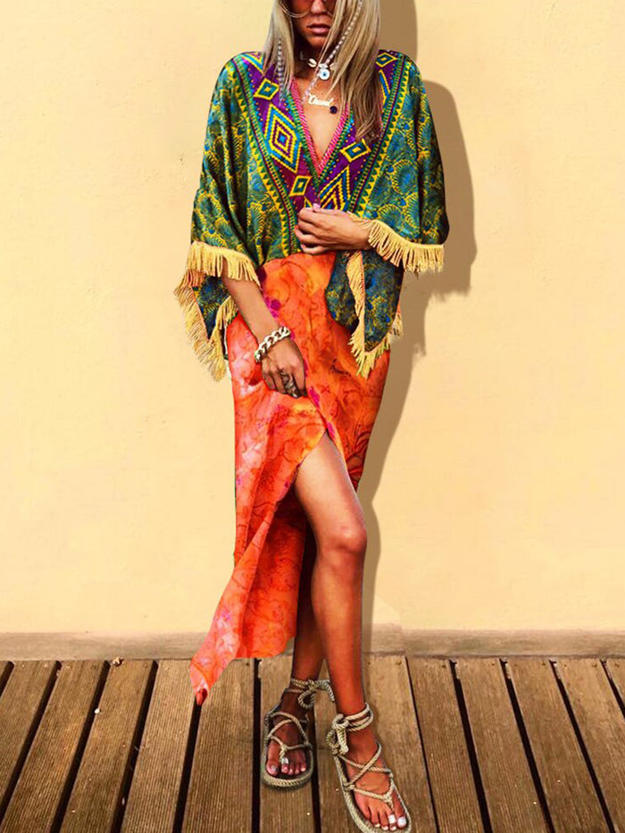 Bohemian Printed Tassel Mini Dress
