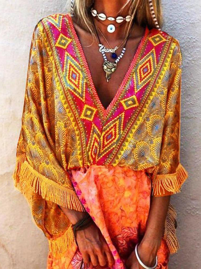 Bohemian Printed Tassel Mini Dress
