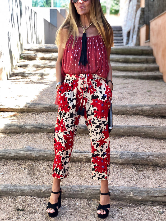 Bohemian Retro Casual Loose Sling Top Floral Pants Set