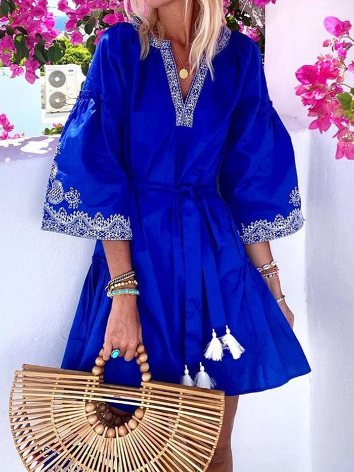 Bohemian V-neck High Waist Loose Casual Dress