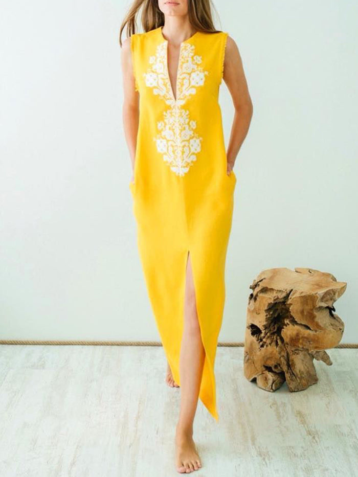 Bohemian Vintage V Neck Floral Maxi Dress