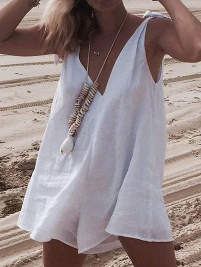 Bow V Neck Sleeveless Loose Short Rompers Jumpsuit