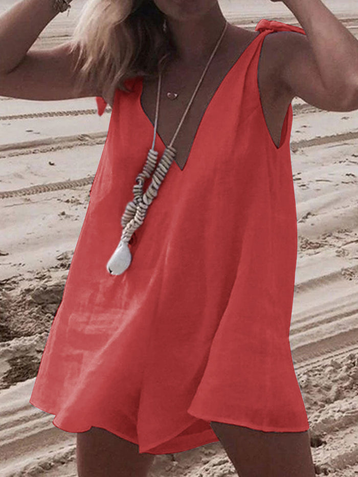 Bow V Neck Sleeveless Loose Short Rompers Jumpsuit