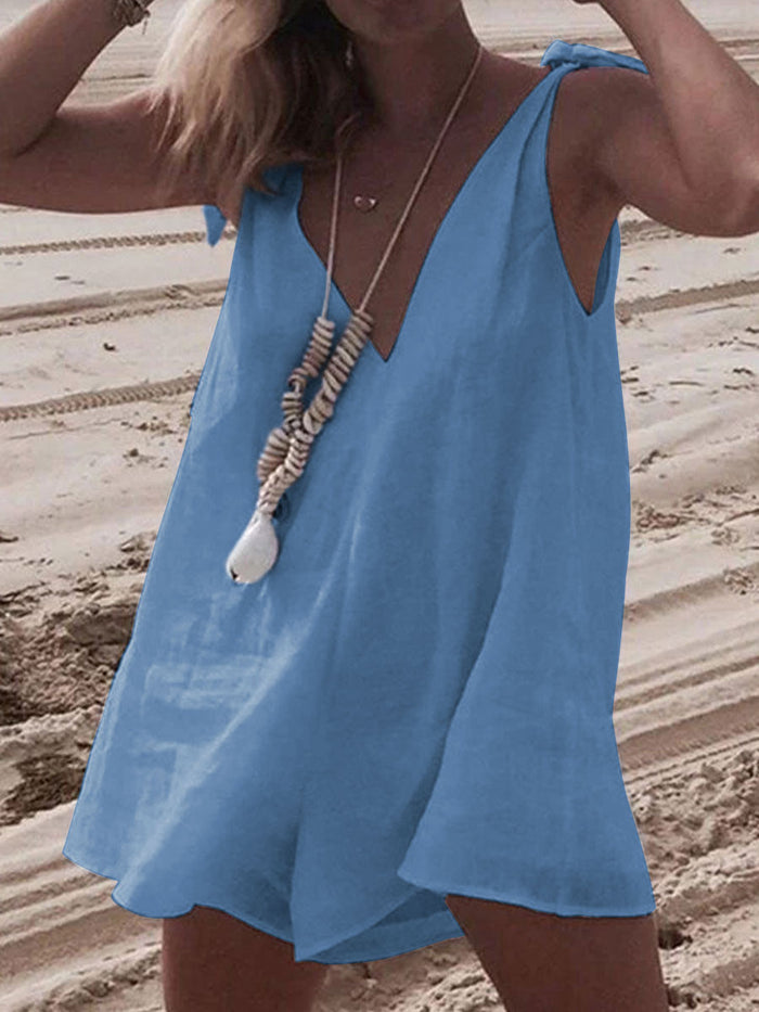 Bow V Neck Sleeveless Loose Short Rompers Jumpsuit