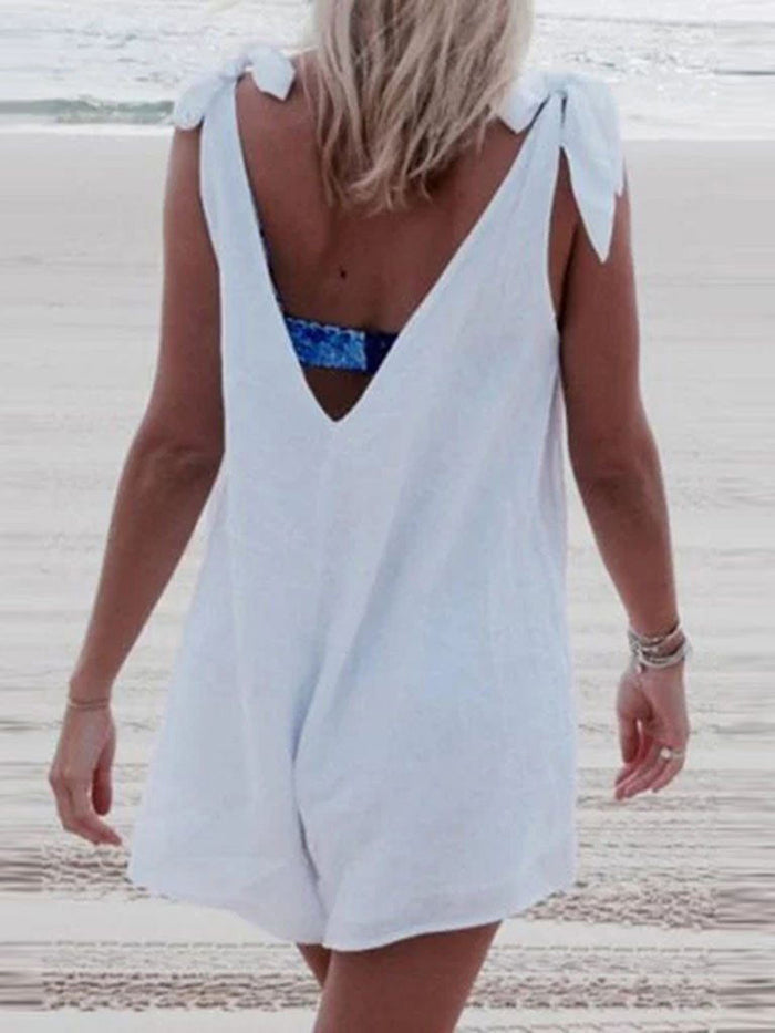 Bow V Neck Sleeveless Loose Short Rompers Jumpsuit