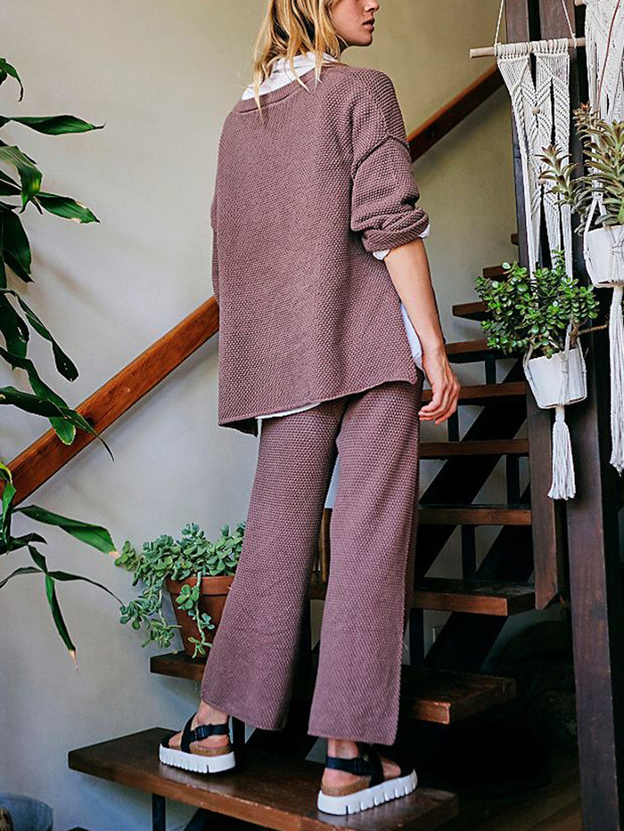 Button Collar Loose Tops Casual Pants Knitted Suit