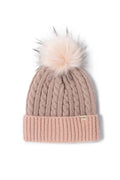 Cable knit beanie with contrasting cuff and faux fur pom