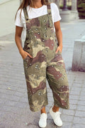 Camo Leopard Detail Loose Denim Overall Cropped Jumpsuit