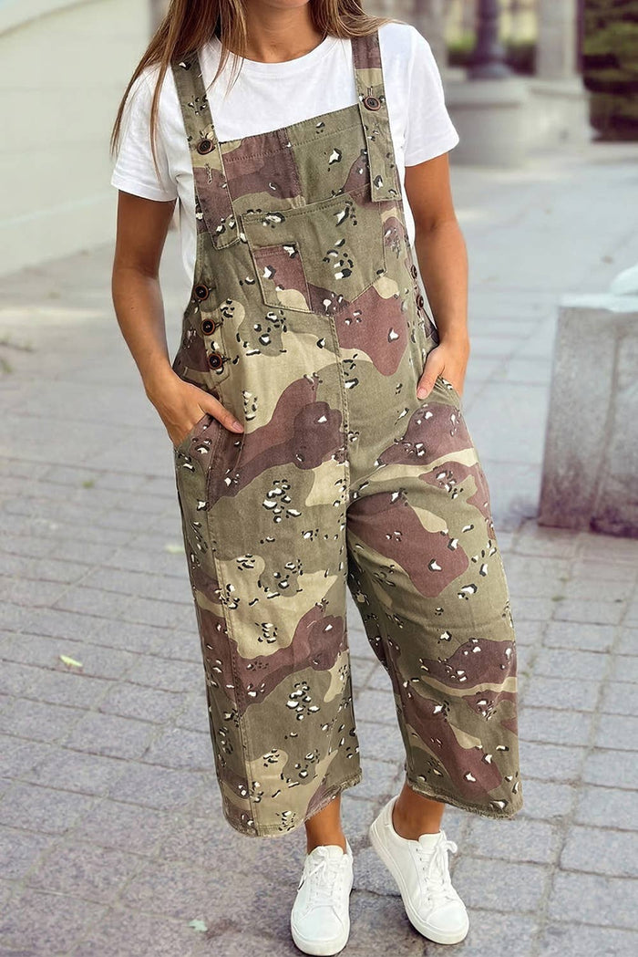 Camo Leopard Detail Loose Denim Overall Cropped Jumpsuit