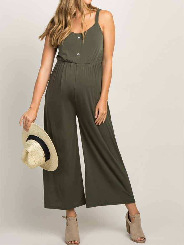 Casual Button Front Wide Leg Loose Maternity Jumpsuit