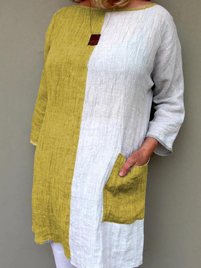 Casual Color-block Side Pockets Paneled Blouse