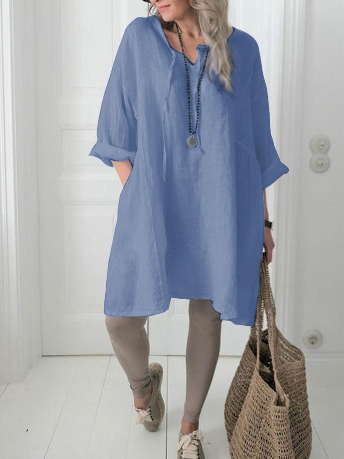 Casual Cotton and Linen Long-sleeved Dress