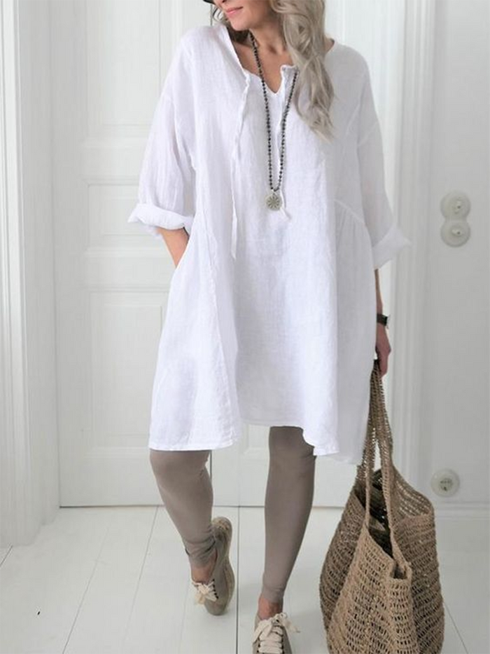 Casual Cotton and Linen Long-sleeved Dress