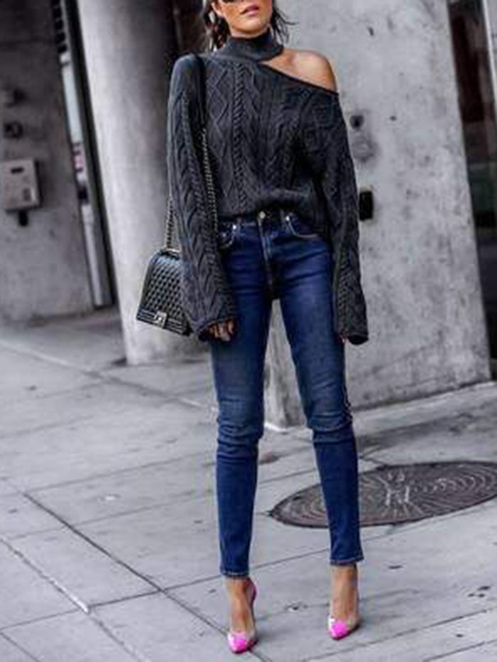 Casual High Neck Off-shoulder Pullover Sweater