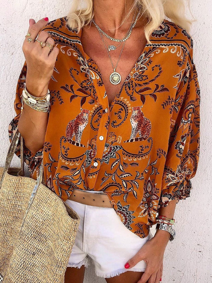 Casual Loose Long Sleeve Lapel Print Top