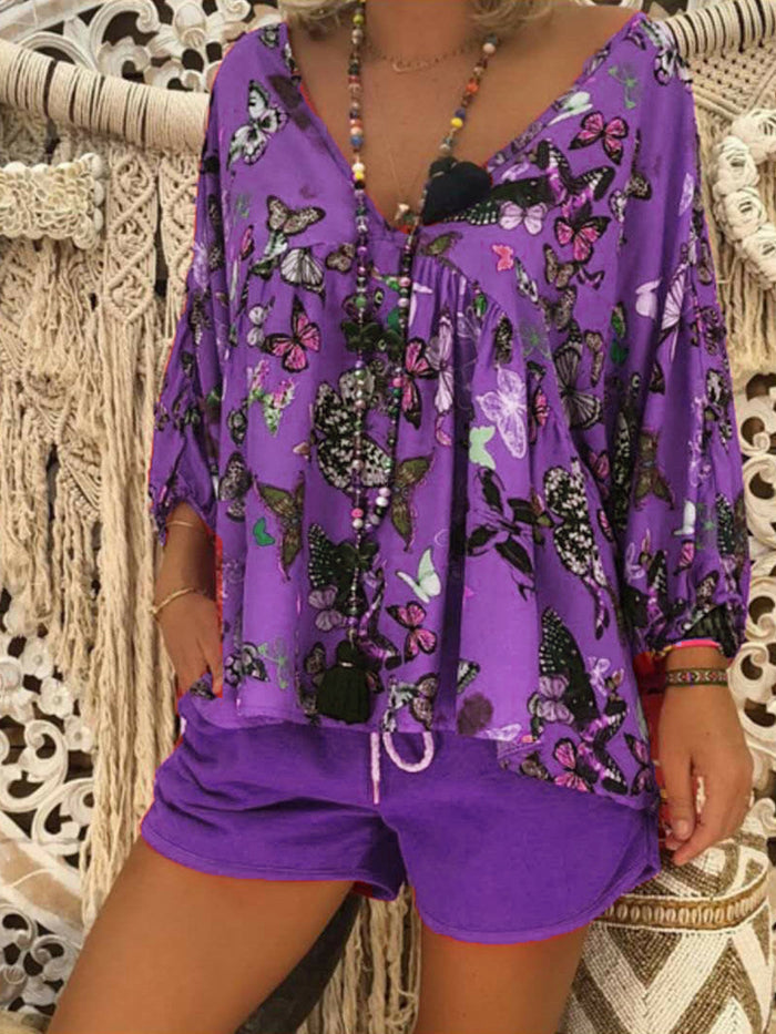 Casual Loose Long Sleeve V-Neck Butterfly Top Pants Set