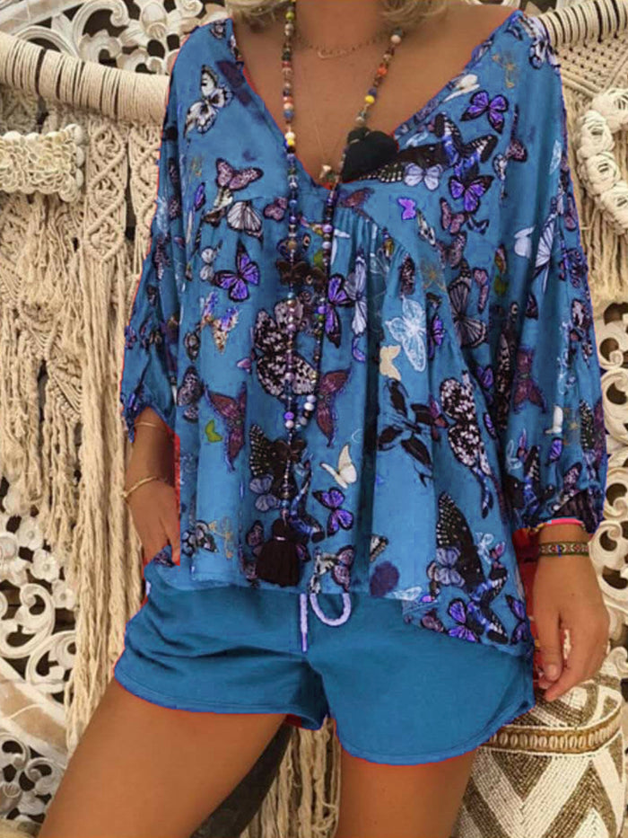 Casual Loose Long Sleeve V-Neck Butterfly Top Pants Set