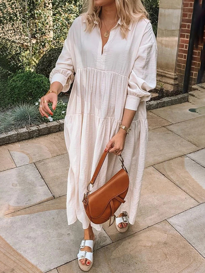 Casual Loose Paneled V Neck Solid Maxi Dress