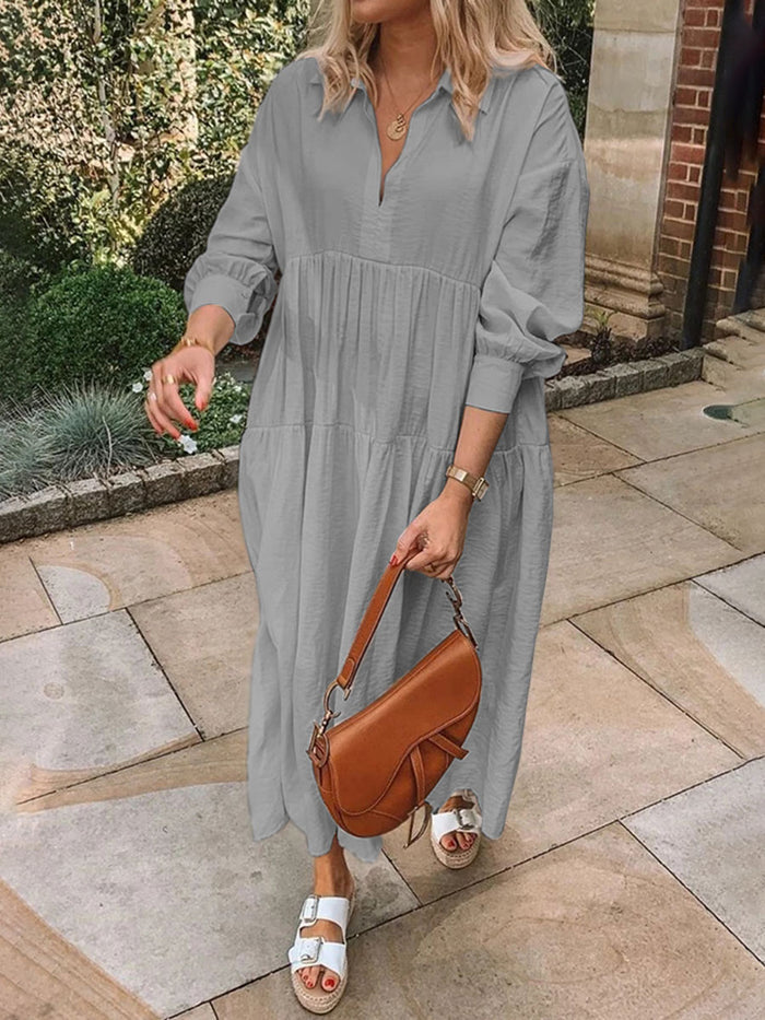 Casual Loose Paneled V Neck Solid Maxi Dress