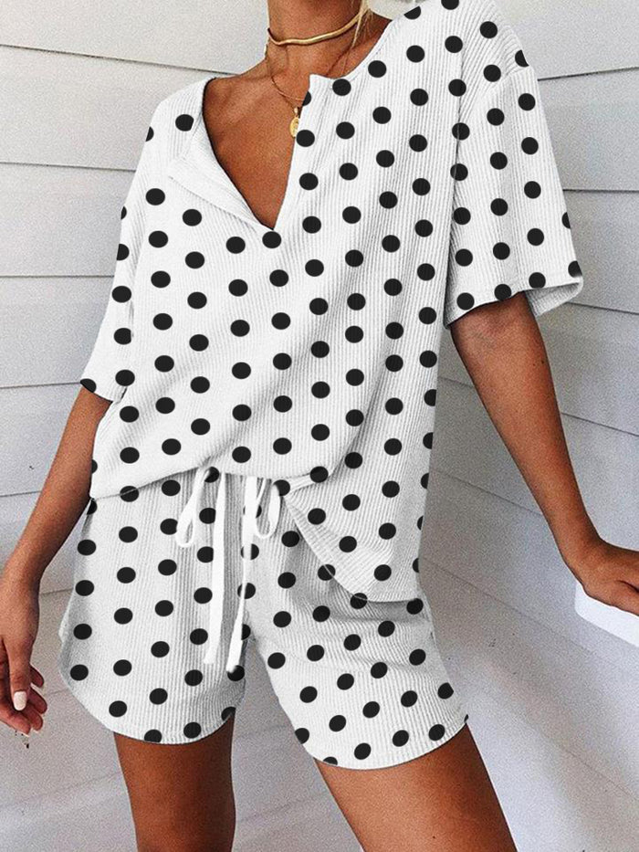 Casual Loose Polka Dot Short Sleeve Two-piece Suit
