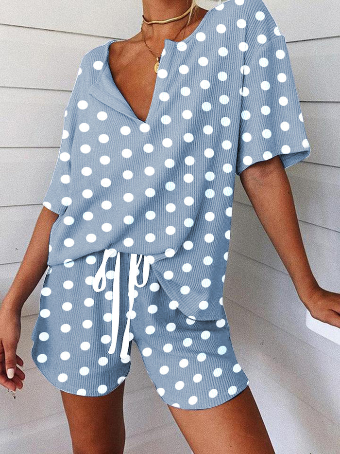 Casual Loose Polka Dot Short Sleeve Two-piece Suit