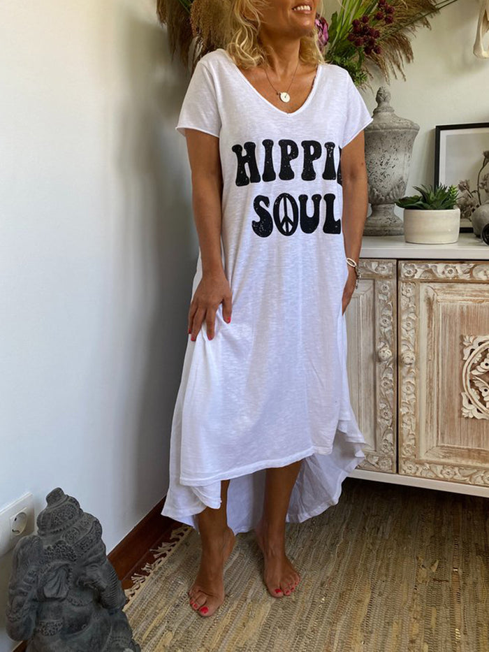 Casual Loose Round Neck Letter Irregular Dress