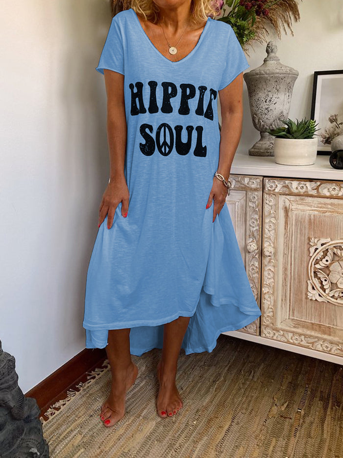Casual Loose Round Neck Letter Irregular Dress