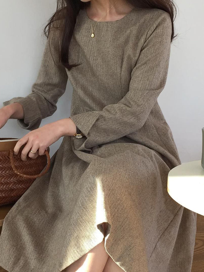 Casual Loose Round Neck Solid Color Long Sleeve Dress