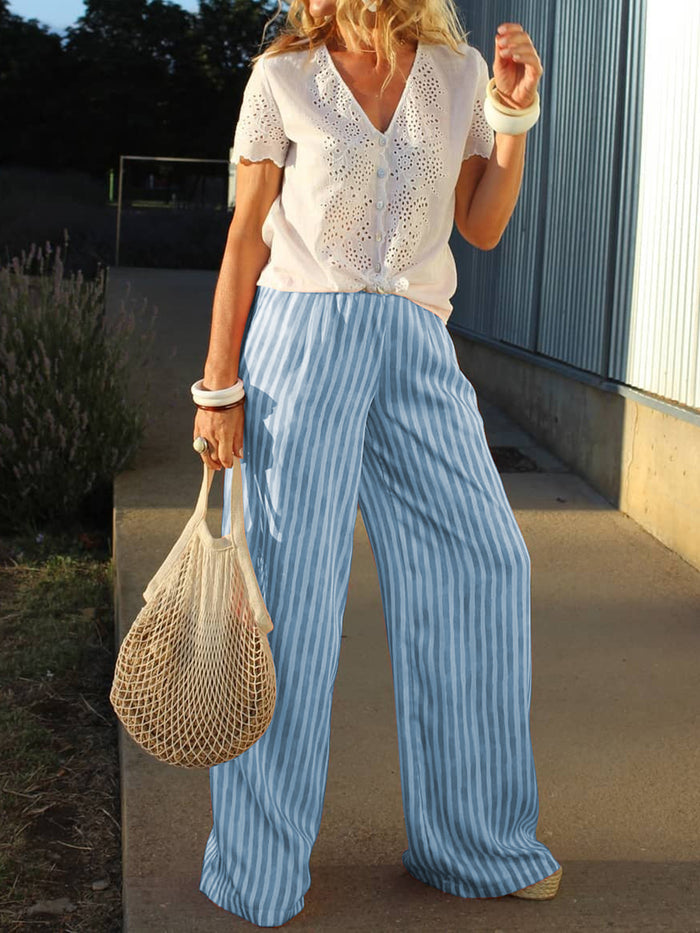 Casual Loose Short Sleeve Striped Two-piece Suit